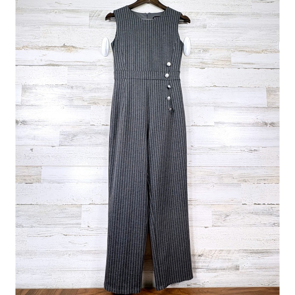 Enfocus Studio Jumpsuit Womens 4 Gray Pinstripe Sleeveless Button Corpcore